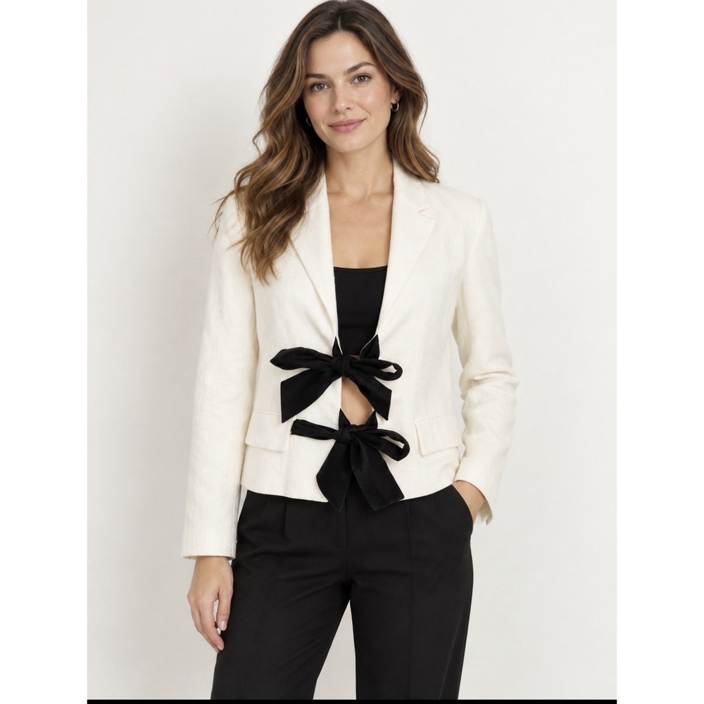 Women's Zara White Cropped Blazer Bow Tie Linen Blend Large Quiet Luxury